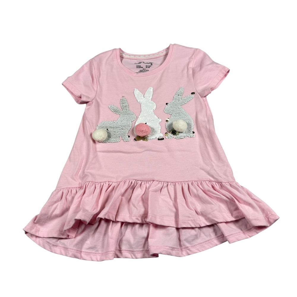 Cynthia Rowley Girls Size 4 Tunic Shirt Pink Bunny Sequin Pom Pom Ruffle Easter